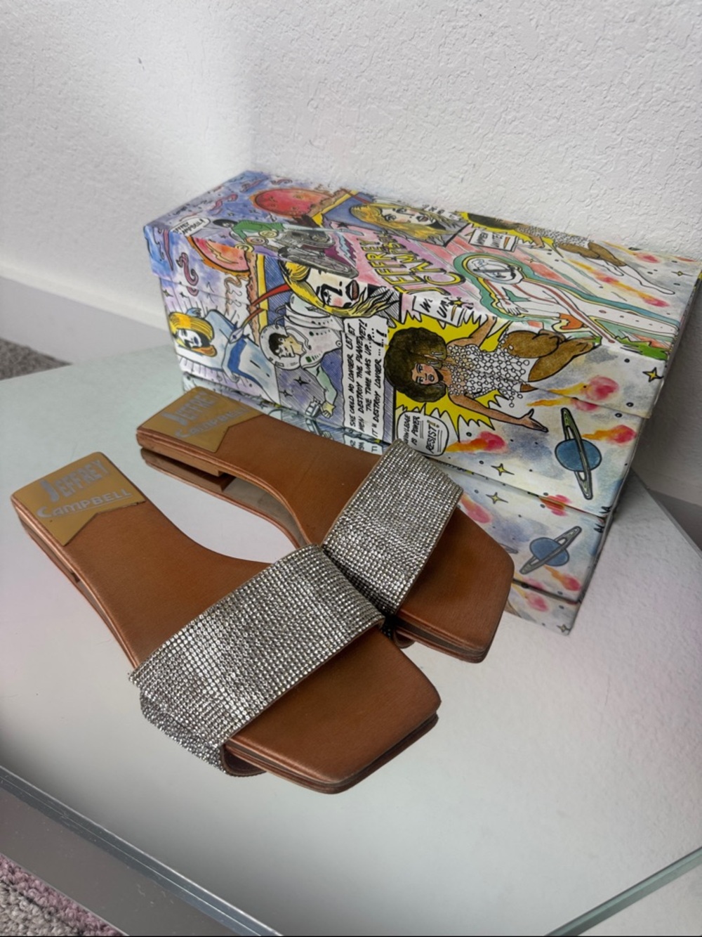 Jeffrey Campbell Brown Slide Sandals with Silver Rhinestone Strap